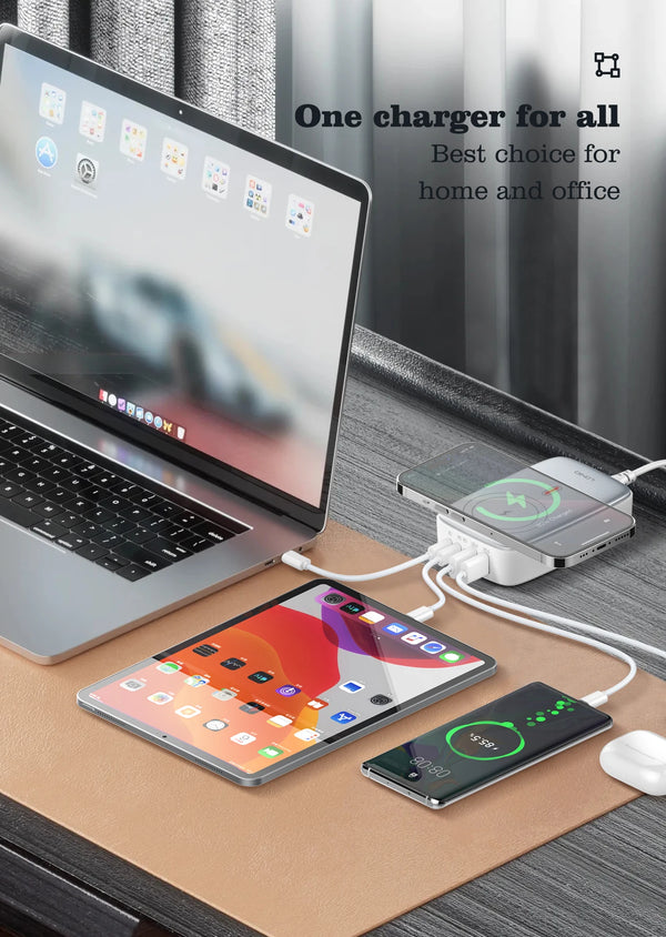 ឆ្នាំងសាកឥតខ្សែ LDNIO 140W 6 ក្នុង 1 ឆ្នាំងសាកឥតខ្សែ GaN 65W USB-C PD QC USB-A ស្ថានីយសាកថ្មលឿន ខ្សែបន្ថែមឆ្នាំងសាកកុំព្យូទ័រលើតុ 6 ក្នុង 1