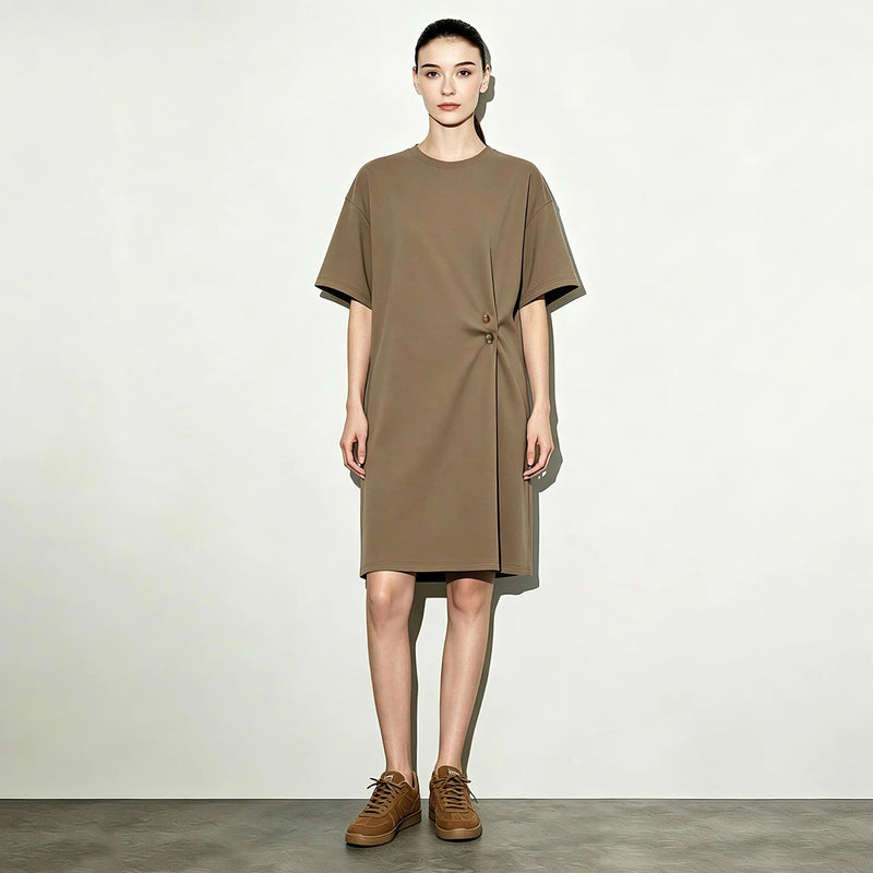 Amii 2026 Summer Womens Dresses New O Neck Drop Shoulder Short Sleeve Loose Dress Cotton Air Layer Casual Woman Clothes 12652040