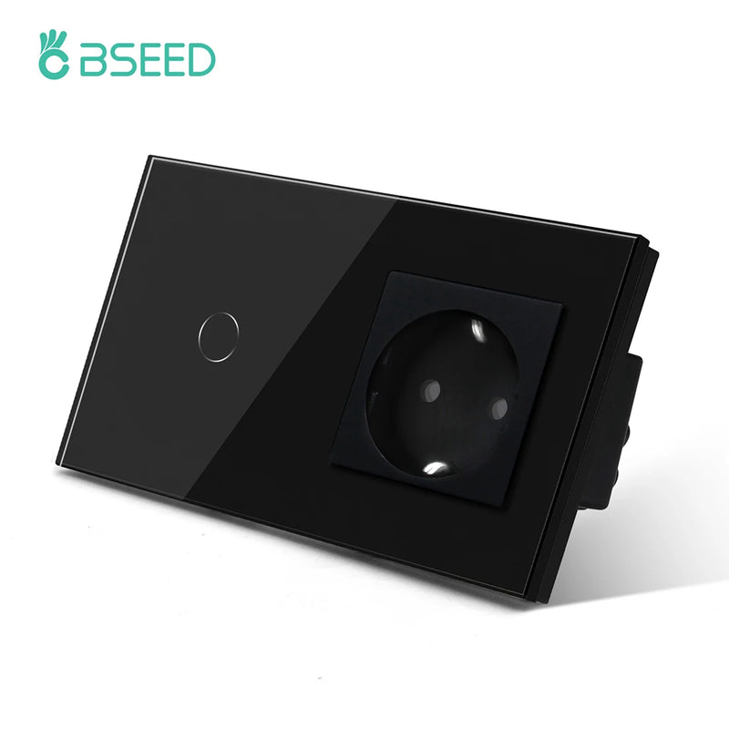 BSEED 1Gang Touch Screen Light Switches LED Backlight Wall Switches With Socket USB Type-C Charge Port Glass Panel Max.Load 300W