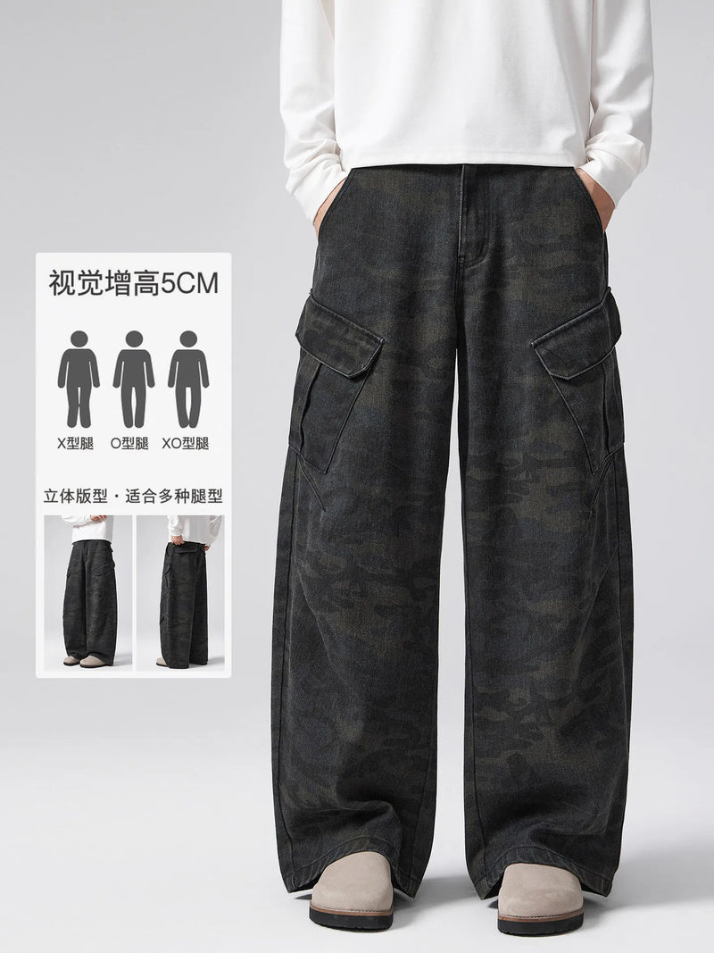 DUKEEN Men's Vintage Camouflage Cargo Pants - Loose Fit Straight Leg Work Pants with Pockets & Distressed Details for Spring