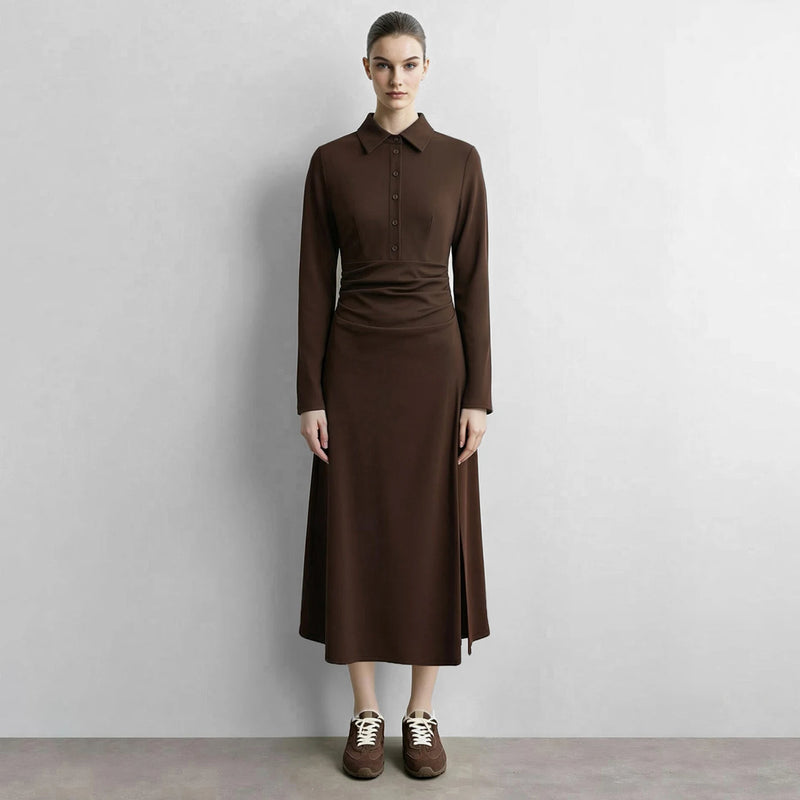 Amii Dress for Women Autumn Notched Collar Button Placket Slim Waist Asymmetrical Knitted Midi Dresses Woman Clothing 12623076