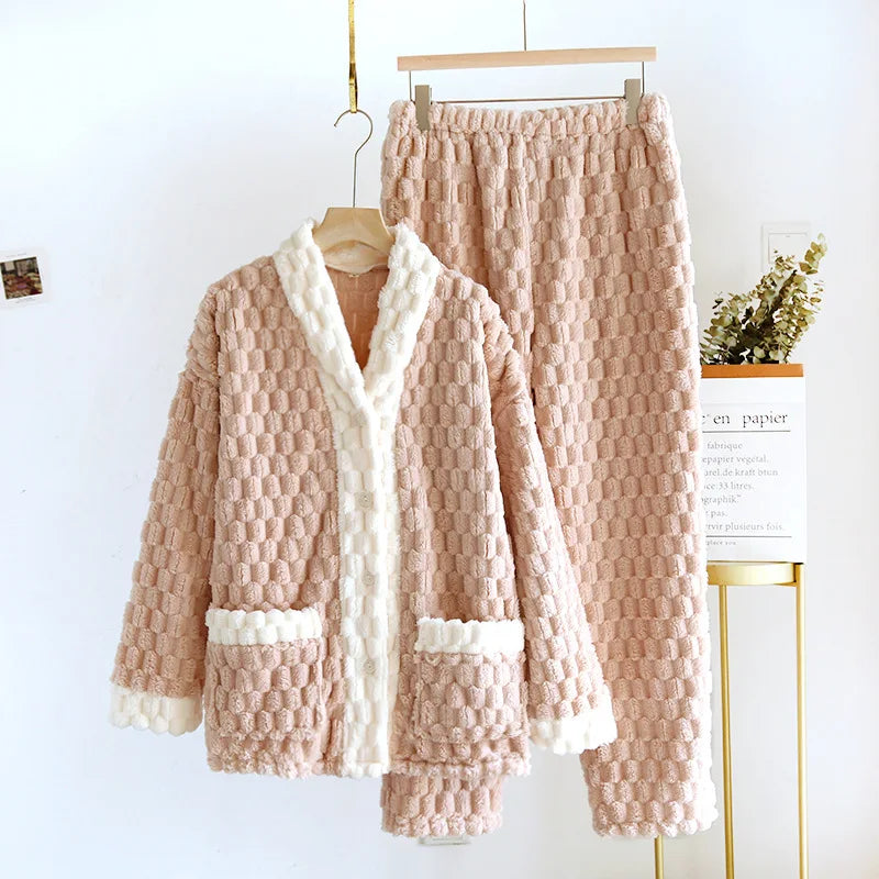 Thick Warm Flannel Sleepwear Set For Women Winter Cardigan Pant Suit Casual Home Wear Clothes Loose Outside Female Pajamas