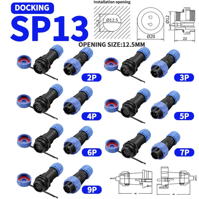 ឧបករណ៍ភ្ជាប់អាកាសចរណ៍ SP13 SP16 SP17 SP20 SP21 ឌុយ និងរន្ធរាងជារង្វង់ការពារទឹកជ្រាប 2–12 ម្ជុល IP68 សម្រាប់ LED ដ្រូន ឧស្សាហកម្ម