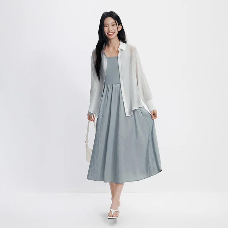Semir Women Dress U Neck Slip Lapel 2026 Summer Commute Minimalist Two Piece Set Elegant Office Daily Soft Top