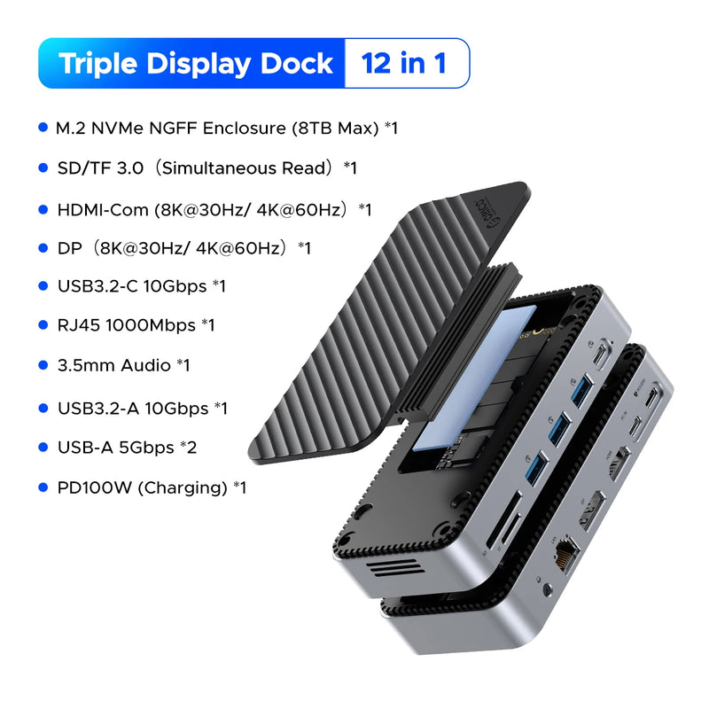 ORICO 10Gbps USB C Display HUB M.2 NVMe SATA SSD Enclosure Dock with Cooling Fan External HDMI-Com RJ45 PD100W Docking Station