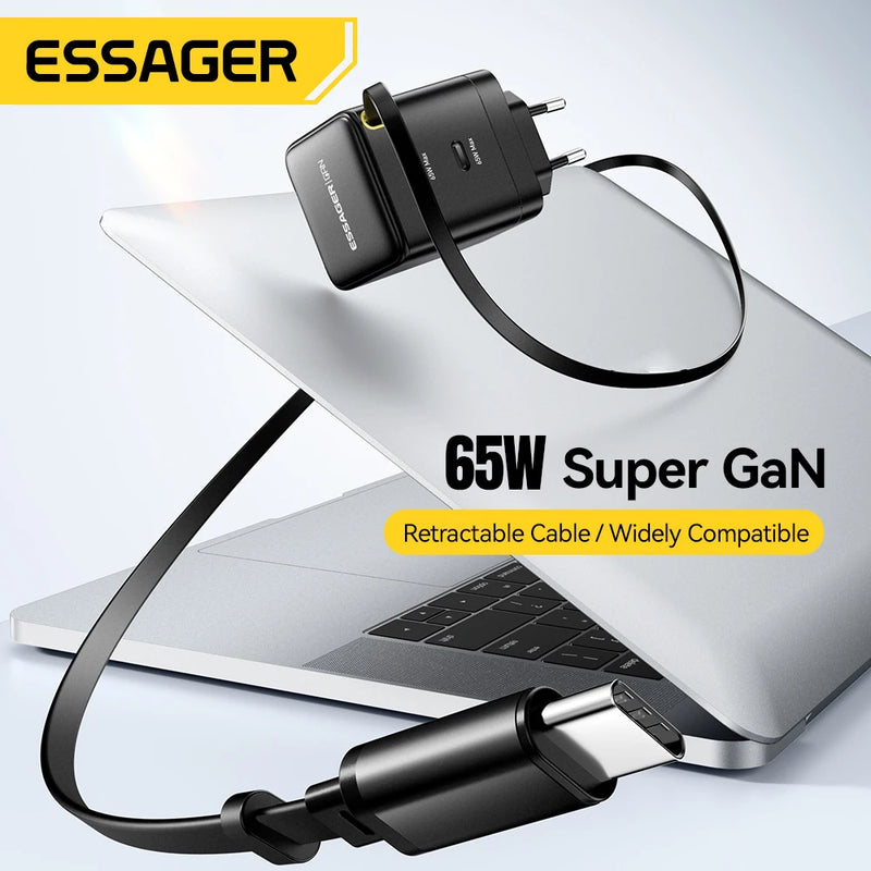 ឆ្នាំងសាក Essager 65W GaN ជាមួយខ្សែរ PD សាកថ្មលឿនសម្រាប់កុំព្យូទ័រយួរដៃ Macbook iPhone 16 15 14 Xiaomi Type-C ឆ្នាំងសាកទូរស័ព្ទ