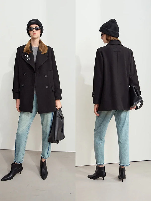 Amii Minimalist 2026 Winter Women Clothing Lapel Shoulder Pads Woolen Jackets Embroidery Loose Double-breasted Coat 12424083