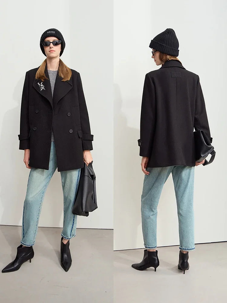 Amii Minimalist 2026 Winter Women Clothing Lapel Shoulder Pads Woolen Jackets Embroidery Loose Double-breasted Coat 12424083