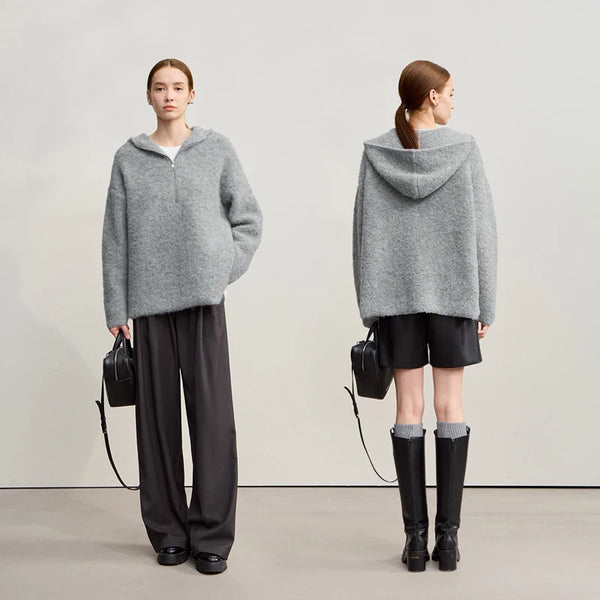 AMII Hooded Women's Sweater 2026 Winter New Shoulder Sleeve Zipper Loose Sweater For Woman Casual Knitted Pullover Top 12554064