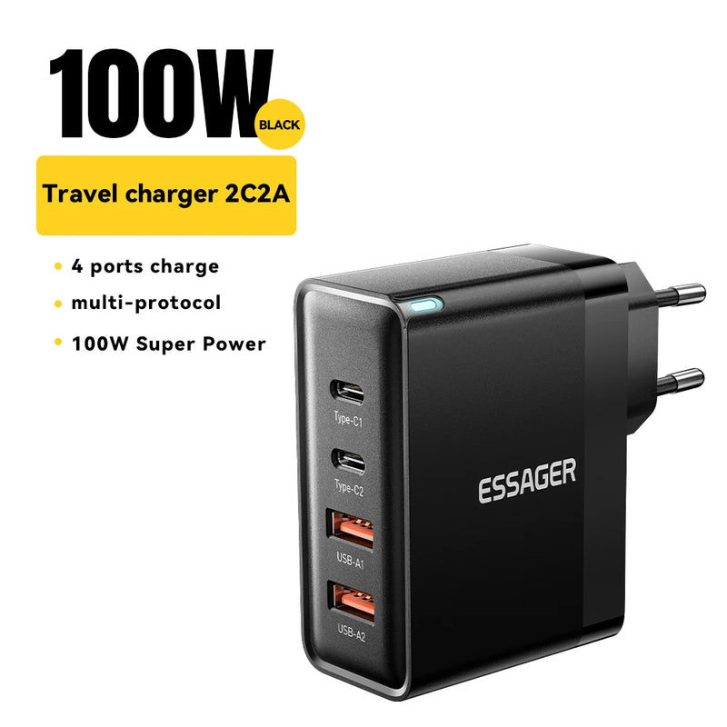 ឆ្នាំងសាក Essager 100W USB Type C ឆ្នាំងសាក 65W PD Quick Charge 4.0 3.0 Type-C សាកលឿនសម្រាប់ iPhone 16 15 14 13 Pro Xiaomi Macbook Laptop