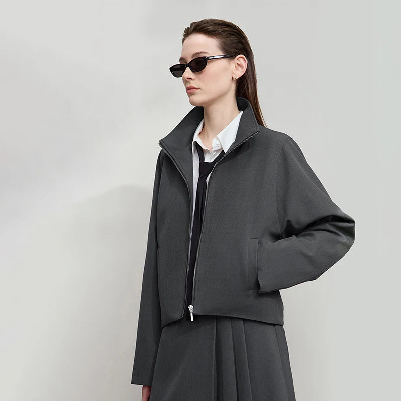 AMII Mini Skirt 2026 Autumn New Minimalist Loose Zipper Long Sleeve Jacket Solid Versatile Short Skirt Ladies Clothes 12543024