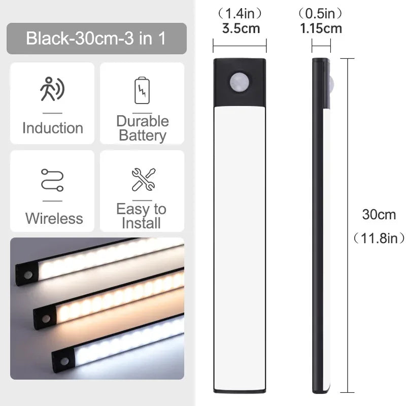 10-60CM Motion Sensor LED Night Light Wireless USB Rechargeable Under Cabinet Lights Ultra Thin Long Bar Lamp Kitchen Bedside