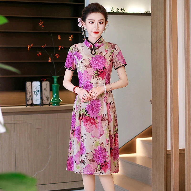 រ៉ូប Cheongsam រដូវក្តៅ កអាវផ្កាបាក់ សម្លៀកបំពាក់នារី រ៉ូបចង្កេះរាងអក្សរ A បែបចិនបុរាណ