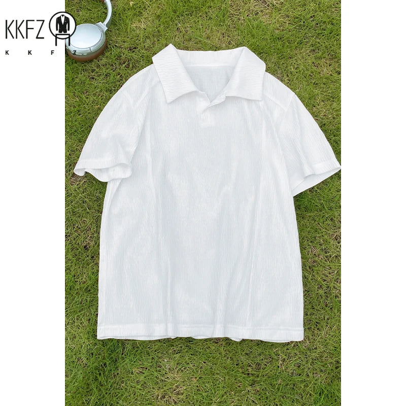 Male Loose Fit Wrinkle Textured Short Sleeve Shirt Lapel V Notch Neck Airy Fabric For Commute And Leisure Occasions