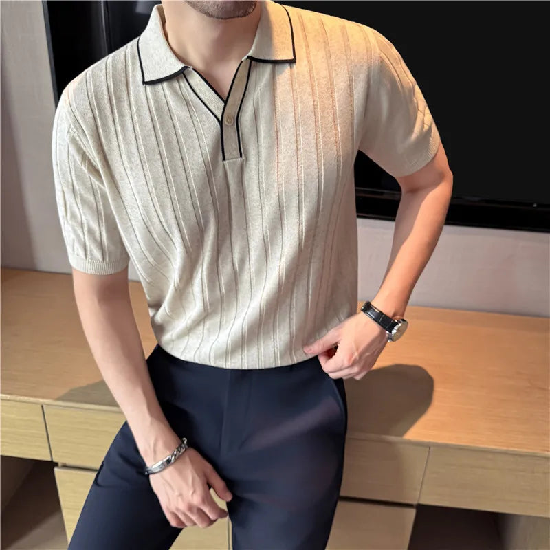 Men's Polo Shirt, Lyocell Linen Blend, Striped V-Neck Short Sleeve, Knitted T-Shirt, Casual Wear Premium Quality, Summer Fashion