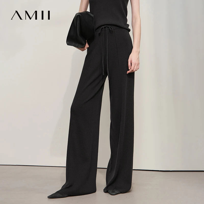 AMII Women's Pants 2026 Autumn New Versatile Loose Versatile Wide-leg Ladies Pants Solid Casual Knitted Woman Trousers 12543091