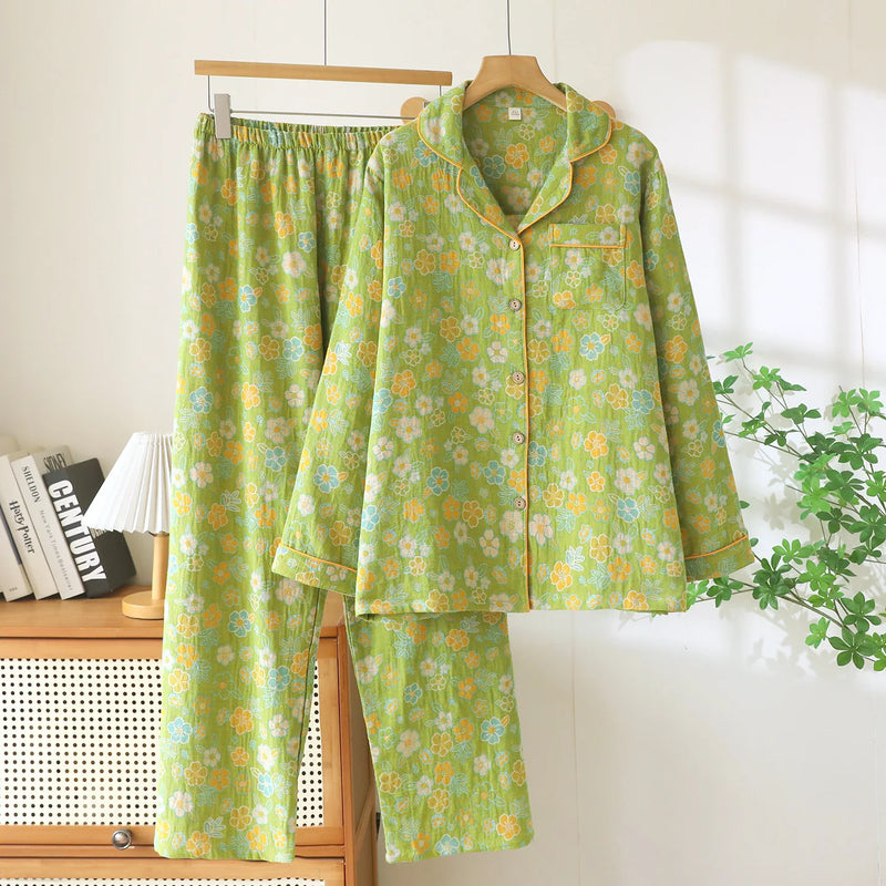 Retro Style Nighty For Woman Nightwear Autumn 2 Pcs Long Sleeves Lapel Women's Pajamas Cotton Sleepwear Comfort for Homewear