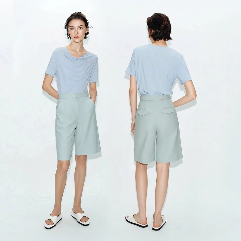 Amii Women's T-Shirt 2026 Summer New Cowl Neck Asymmetric Hem Shirred Tee Stretch Short Sleeve Casual Top For Women 12642069