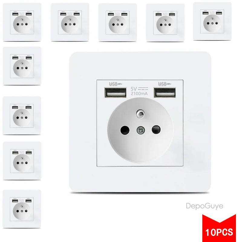 EU FR Power Socket ,Socket With Usb Charging Port and Type c White Stainless Steel Panel Russia Spain Wall Socket 5/10 PCS