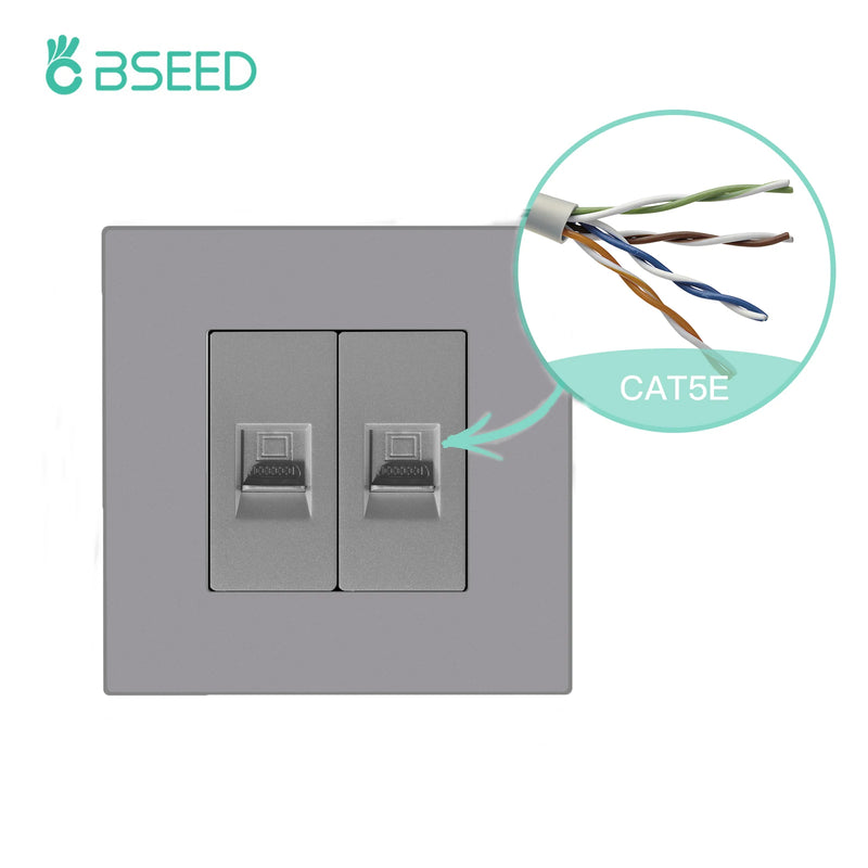 BSEED EU Standard Double Internet Socket RJ45 Network Data Socket CAT6 Wall Computer Outlet Plastic Frame White Black Color