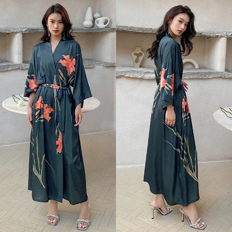 Women Ice Silk Rayon Home Dress Black Print Flower Long Robe Nightgown Spring Summer Half Sleeve Kimono Bathrobe Gown
