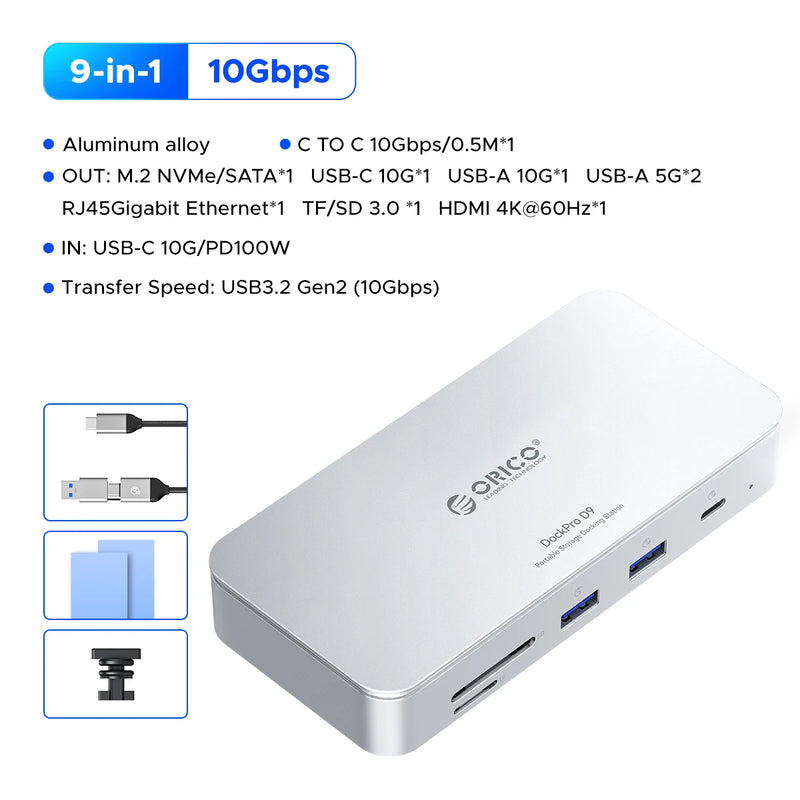 ORICO M.2 2230/2242/2260/2280 NVMe SSD Enclosure 10Gbps USB C Storage Docking Station with 8K60HZ HD DP SD/TF PD100W Charger HUB