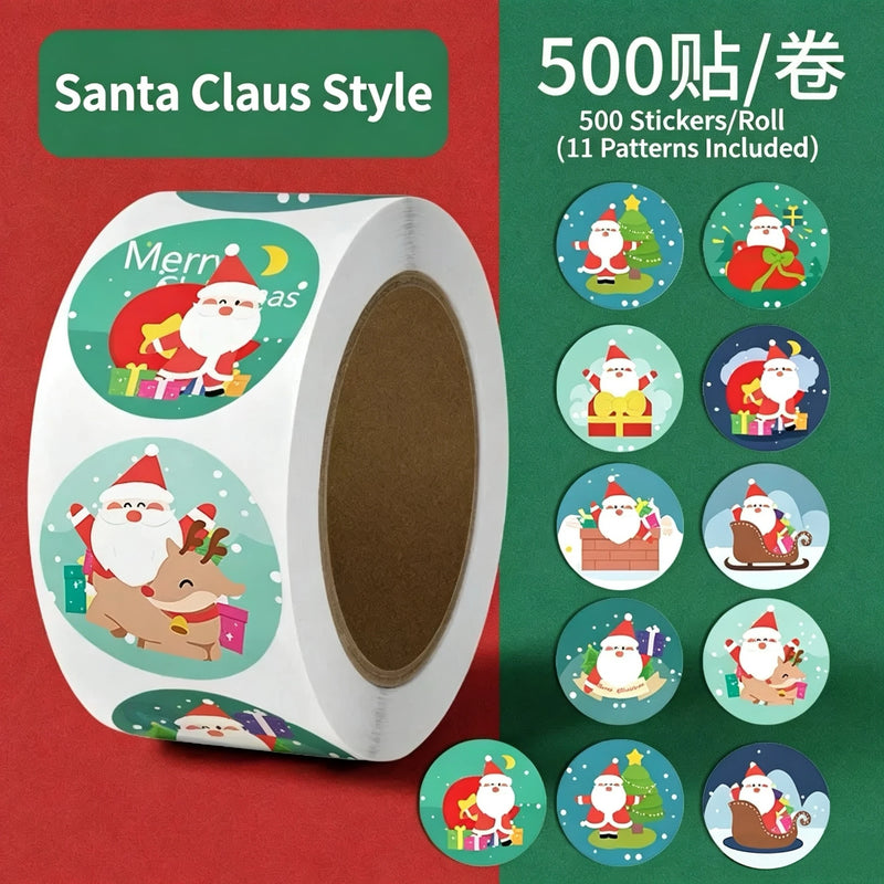 500pcs Christmas Sticker Theme Christmas Eve Gift Packaging Paper Round Sealing Stickers Roll Pack Children's Reward Stickers