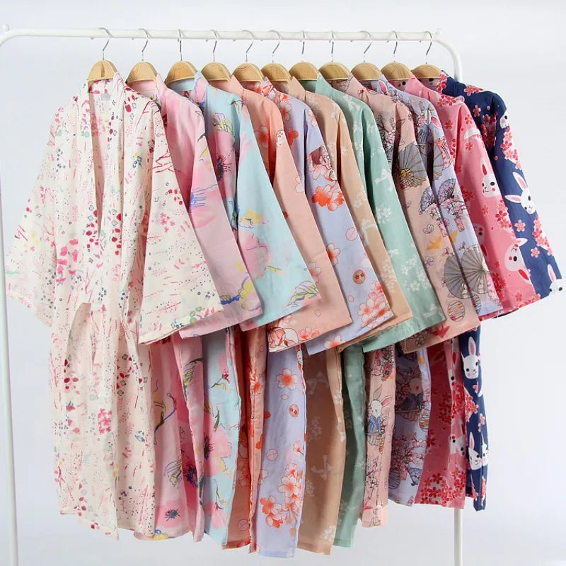 Print Long Sleepwear Loungewear Nightdress Bathrobe Women's Shower Cotton Gauze Nightgown Kimono Cotton Pajamas Cardigan