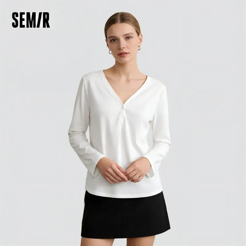 Semir Women Tshirt Solid 2026 V Neck Linen Look Loose Fit Drawstring Urban Casual Everyday Style Soft Comfortable Daily Wear