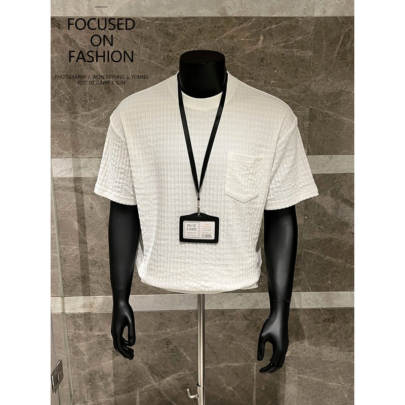 Men's 260g Ribbed Jacquard T-Shirt, Short Sleeve with Chest Pocket, Heavyweight Casual Top 35% Cotton, Breathable Sweat-wicking