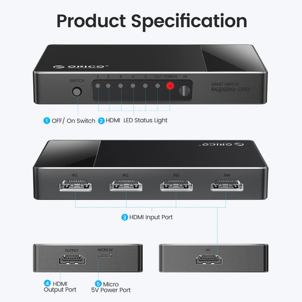 ORICO HDMI-compatible 2.0 Switch 5 In 1 Out 4k@60HZ Switcher Converter for TV PS5 Xbox PC Fire Stick With IR Remote Control