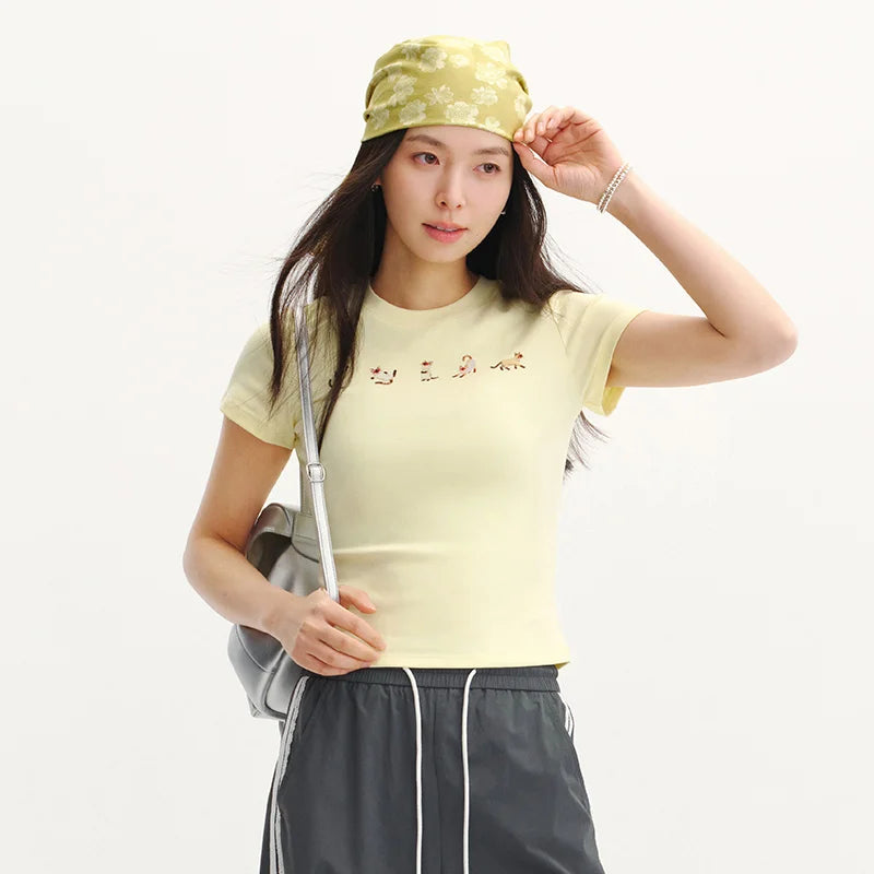 Semir Womens Tshirt 2026 Short Slim Regular Shoulder Cat Printed Cute Casual Fashion Daily Wear