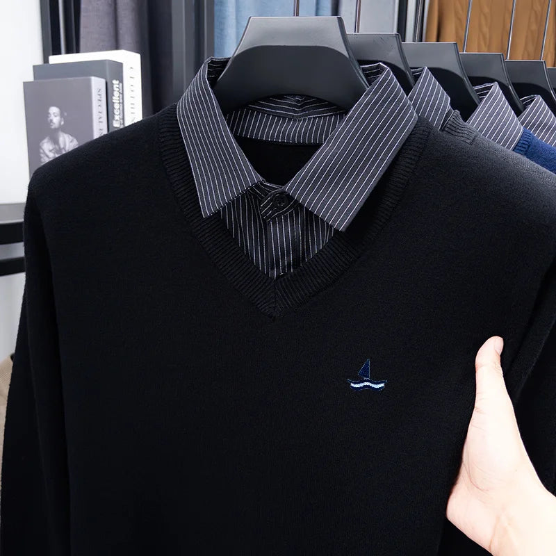 Daily Commute Man False Two-Piece Long-Sleeved Knitwear Embroidery Autumn Winter New Pullover Casual Fashion Versatile Men'sWear