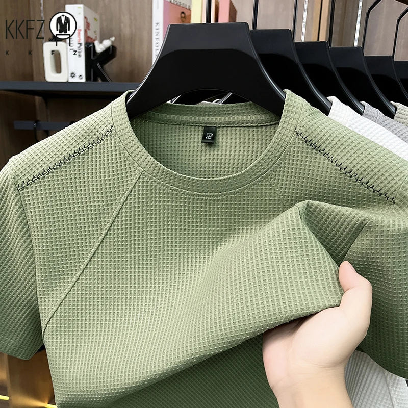Men Waffle Knit Short Sleeve Crew Neck T Shirt Casual Lightweight Breathable Soft Top For Daily Use
