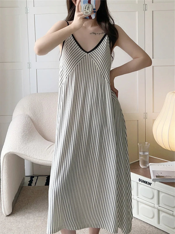 រ៉ូបគេងកប្បាសឆ្នូតៗទំហំ M-3XL ម៉ូដសិចស៊ីសម្រាប់ស្ត្រី រ៉ូបគេងកប្បាសទំហំធំ រ៉ូបគេងវែងសម្រាប់ស្ត្រី សម្លៀកបំពាក់នៅផ្ទះ