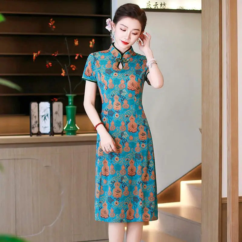 រ៉ូប Cheongsam រដូវក្តៅ កអាវផ្កាបាក់ សម្លៀកបំពាក់នារី រ៉ូបចង្កេះរាងអក្សរ A បែបចិនបុរាណ