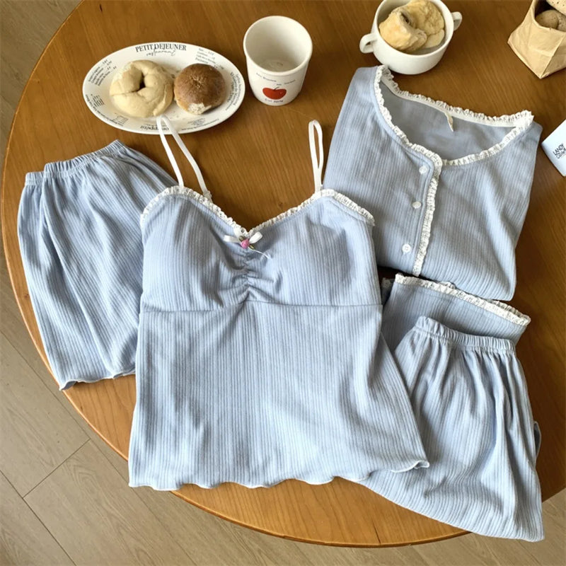 Women’s Loungewear Night Wear for Ladies Nightie Female Clothing Chest Pads Four-piece Pajamas New Spring Autumn Pyjama Pijama
