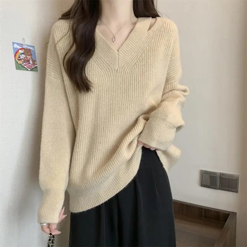 Lazy Style Sweater Long Sleeve Top Autumn Winter Solid Color Casual Women's Outside Wear Pullovers Knitting V Neck Pull Femme