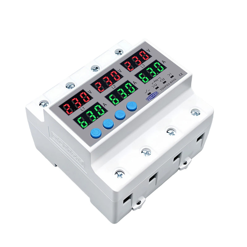 TOMZN 3Phase 3P+N Din Rail Voltmeter Ammeter Adjustable Over and Under Voltage Current Limit Protection Monitor Relays Protector