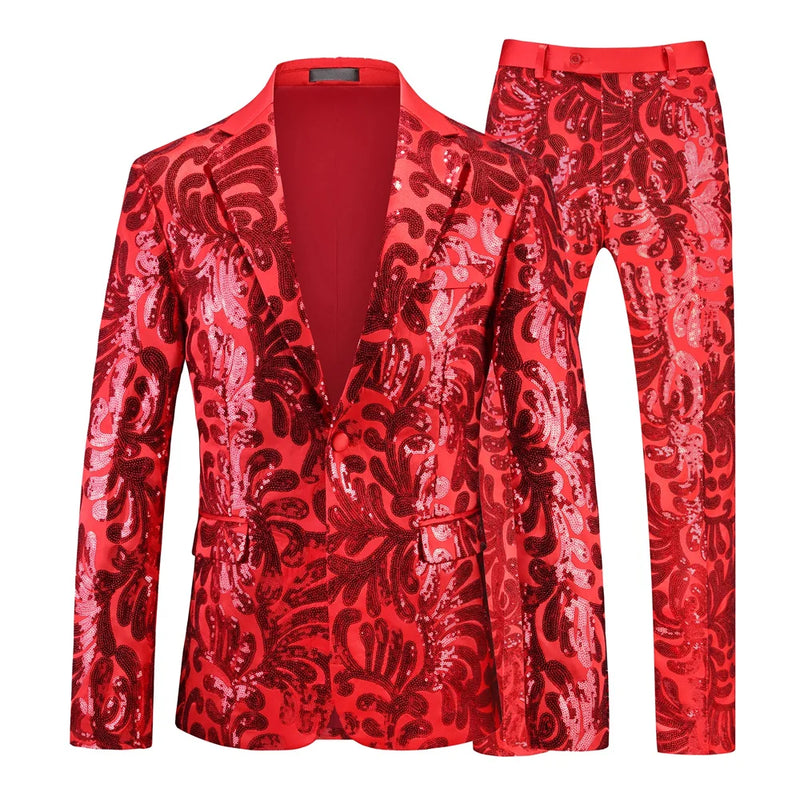 2026 New Men's Silver Suit Two-Piece Set, Wedding Party Jacket with Matching Pants, Asian Sizes, Available in Gold, Red, Blue