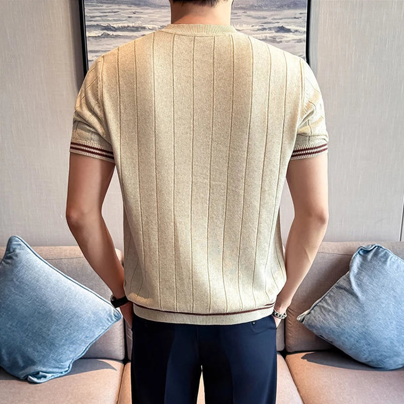Men's Natural Linen Short Sleeve Knit Shirt - Cool Breathable Ribbed Crew Neck Top with Smooth Texture & Shape Retention