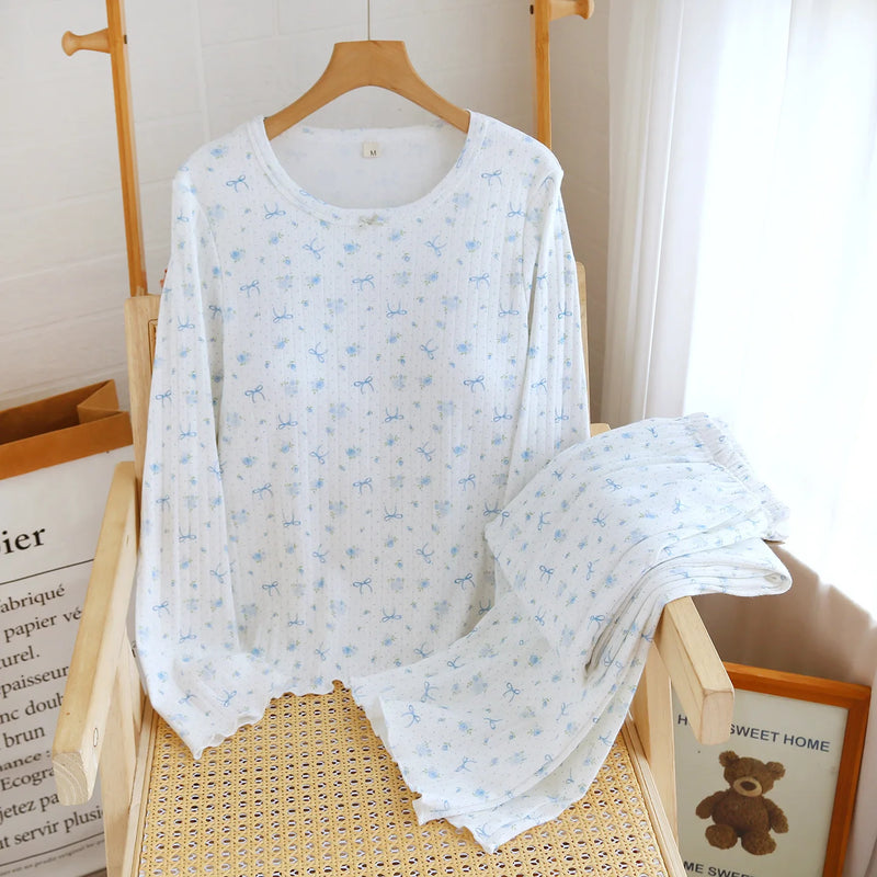 Cotton Women's Floral Pajamas Set 2 Piece Sleepwear Chest Pads Loungewear For Autumn Long Sleeves Trousers Home Clothing Set