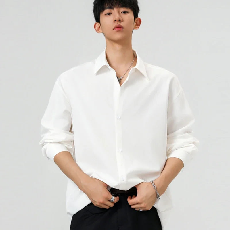 Mens All Match Collared Blouse Long Sleeve Single Breasted Soft Fabric Easy Layering For Business And Casual Occasions