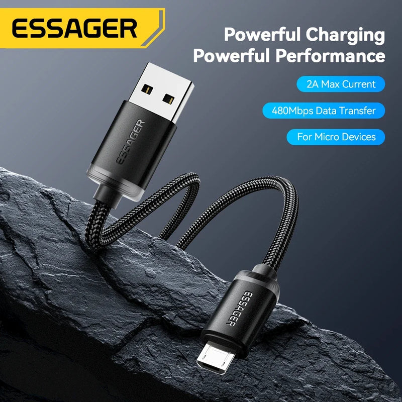 ខ្សែសាក Essager Micro USB 2A ខ្សែសាកលឿនសម្រាប់ Xiaomi Realme Redmi Samsung Huawei ទូរស័ព្ទចល័ត USB Data Charger Wire 3M