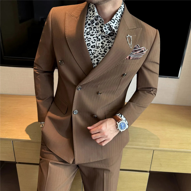 Men's Two-Piece Suit Set ( Jacket + Pants ), Dark Stripe Notched Lapel Double-Breasted, Wedding Business Formal Bridegroom