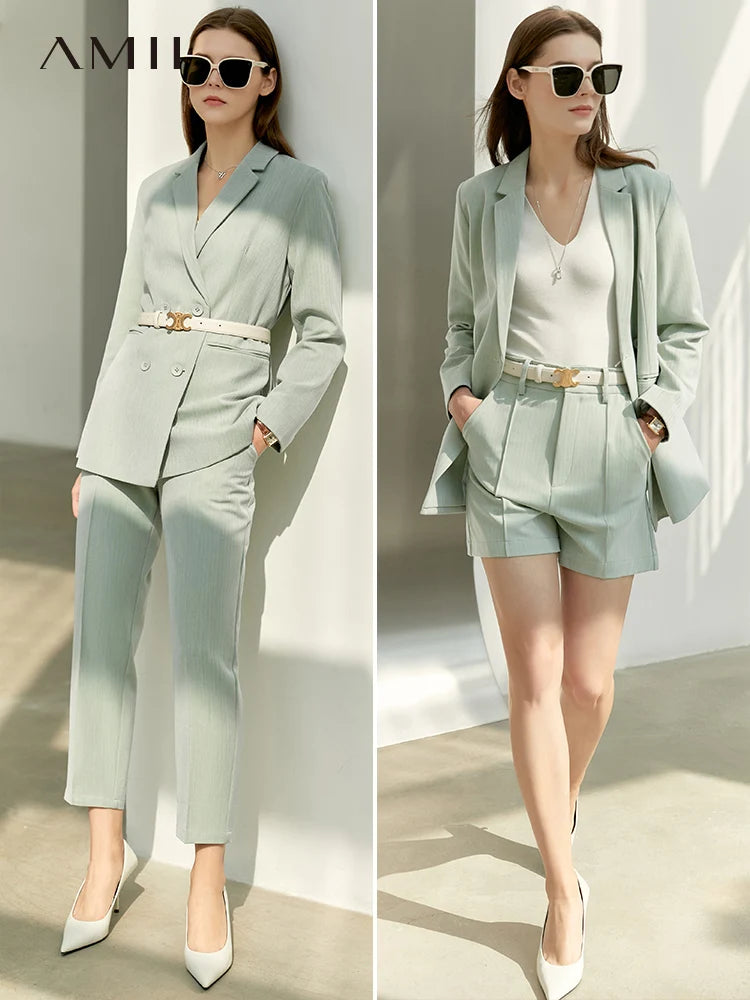 អាវក្រៅការិយាល័យ Amii Minimalism រដូវស្លឹកឈើជ្រុះសម្រាប់នារីការិយាល័យ អាវក្រៅសម្រាប់នារី អាវក្រៅរាងអក្សរ V ខោចង្កេះខ្ពស់ អាវក្រៅសម្រាប់នារី 12060909