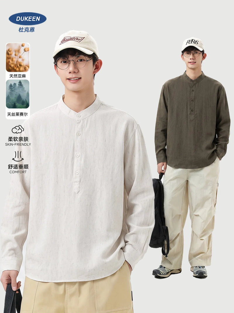 DUKEEN Men's Lyocell Linen Blend Henley Shirt Long Sleeve Stand Collar Lightweight Breathable Casual Old Money Style