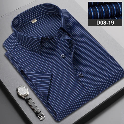 Summer Men's Vertical Striped Short-sleeved Cotton Shirt, Single-breasted Square Collar Shirts with A Pocket on The Left Chest
