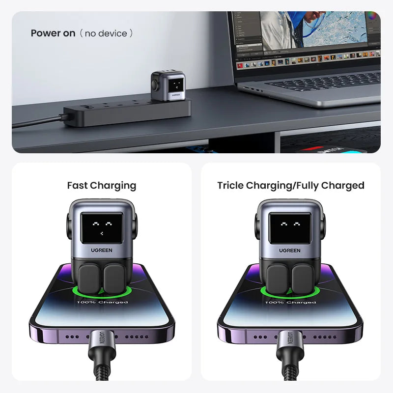 【UK Plug】UGREEN 65W GaN Charger Robot Design QC 4.0 3.0 PPS for iPhone 16 15 14 Pro Macbook Laptop Tablet PD 3.0 Fast Charger