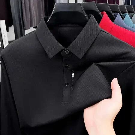Spring Autumn Mens Lapel Polo Tops High Elastic Wrinkle Resistant Material Simple Chest Letter Print Slim Fit Menswear